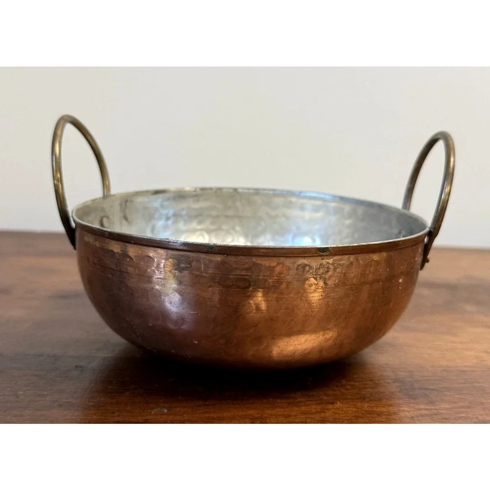 Vintage Hammered Copper Bowl Pot Tin Lined Brass Handles 6